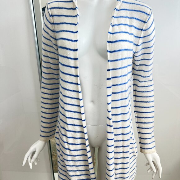 Sea Cashmere White w/Blue Stripe Open Cardigan with Hoodie SZ S - Picture 2 of 10